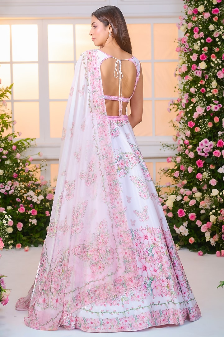White & Pink Satin Hand Embroidered Wedding Lehenga Set by LABEL PRIYANKA KAR at Pernia's Pop Up Shop