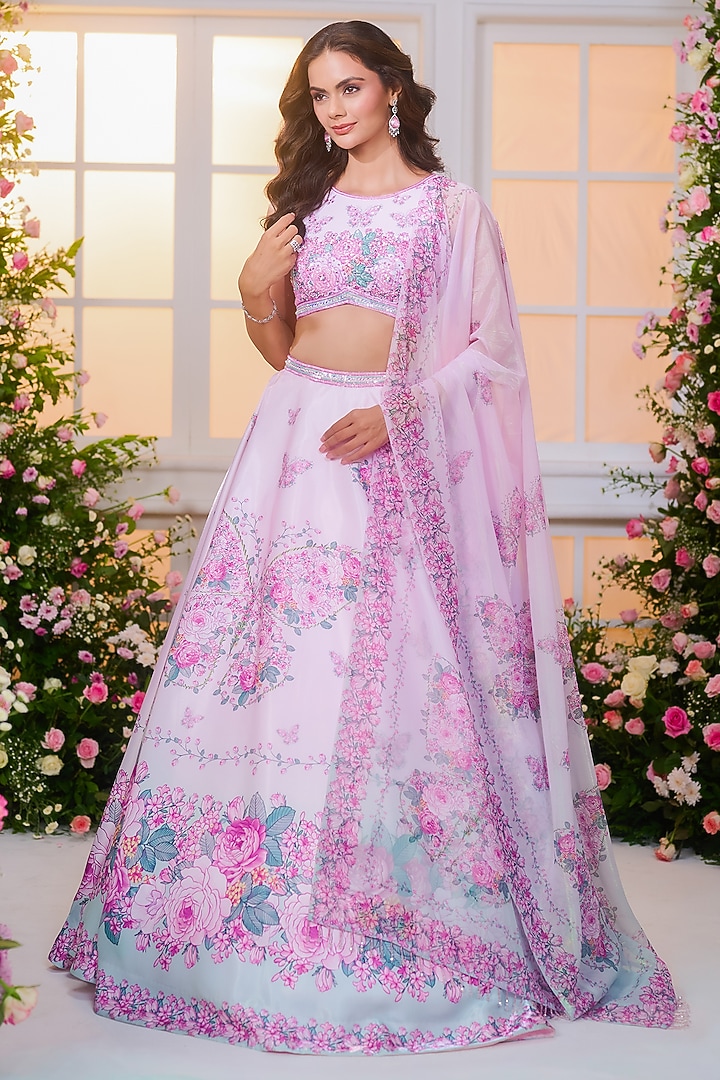Pink & Lavender Satin Floral Printed Wedding Lehenga Set by LABEL PRIYANKA KAR at Pernia's Pop Up Shop