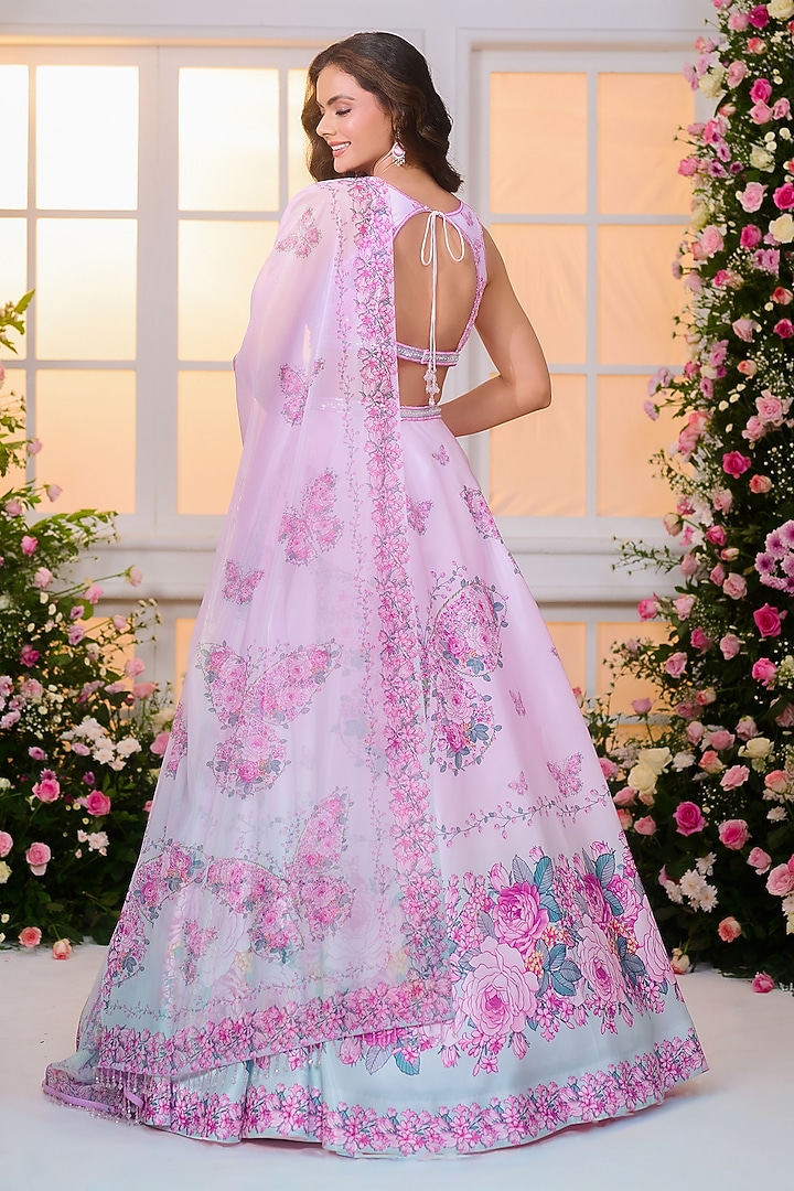 Pink & Lavender Satin Floral Printed Wedding Lehenga Set by LABEL PRIYANKA KAR at Pernia's Pop Up Shop