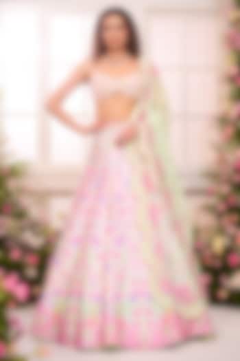 Pista Green & Pink Ombre Satin Hand Embroidered Wedding Lehenga Set by LABEL PRIYANKA KAR at Pernia's Pop Up Shop