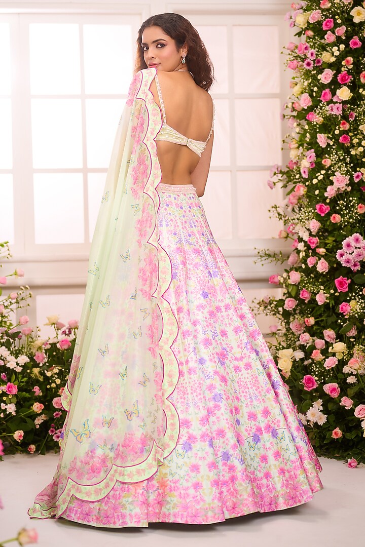 Pista Green & Pink Ombre Satin Hand Embroidered Wedding Lehenga Set by LABEL PRIYANKA KAR at Pernia's Pop Up Shop