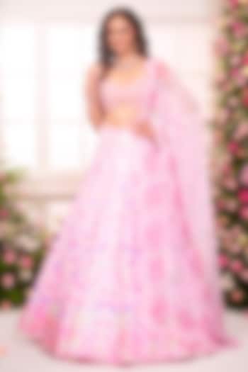 Pink & Lavender Satin Floral Printed Wedding Lehenga Set by LABEL PRIYANKA KAR at Pernia's Pop Up Shop
