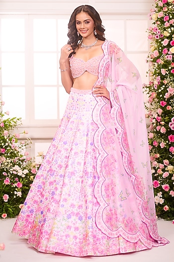 Pink & Lavender Satin Floral Printed Wedding Lehenga Set by LABEL PRIYANKA KAR at Pernia's Pop Up Shop