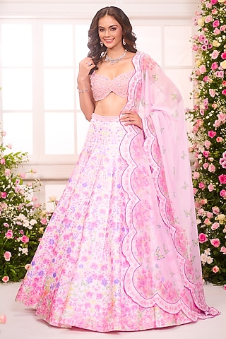 Pink & Lavender Satin Floral Printed Lehenga Set by LABEL PRIYANKA KAR