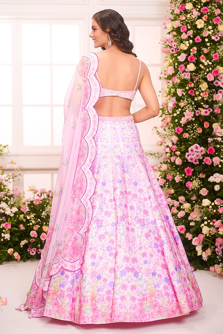 Pink & Lavender Satin Floral Printed Wedding Lehenga Set by LABEL PRIYANKA KAR at Pernia's Pop Up Shop