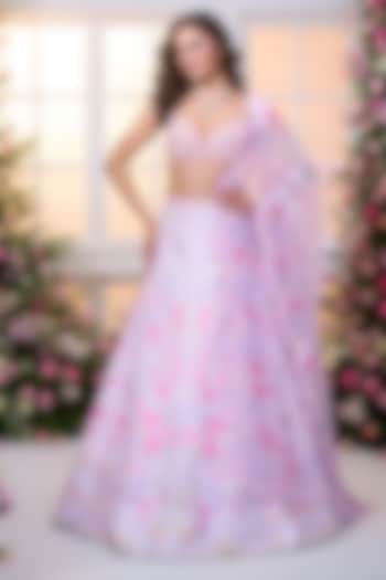White & Lavender Satin Floral Printed Wedding Lehenga Set by LABEL PRIYANKA KAR at Pernia's Pop Up Shop