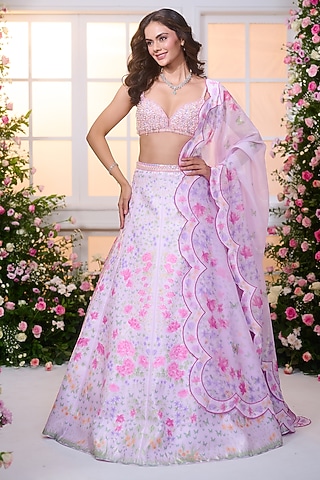White & Lavender Satin Floral Printed Lehenga Set by LABEL PRIYANKA KAR