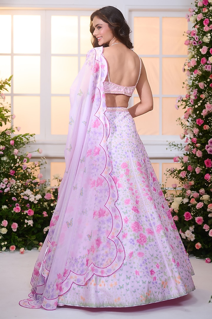 White & Lavender Satin Floral Printed Wedding Lehenga Set by LABEL PRIYANKA KAR at Pernia's Pop Up Shop