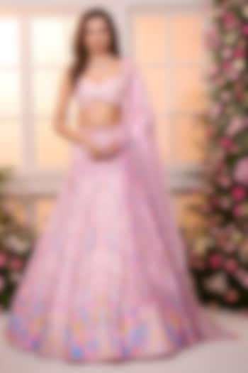 Rose Pink Satin Hand Embroidered Wedding Lehenga Set by LABEL PRIYANKA KAR at Pernia's Pop Up Shop