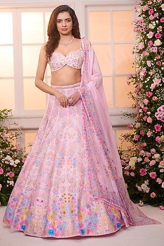 Rose Pink Satin Hand Embroidered Lehenga Set by LABEL PRIYANKA KAR