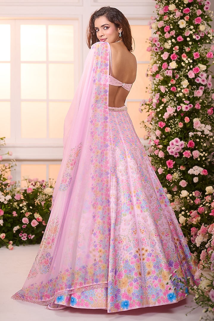 Rose Pink Satin Hand Embroidered Wedding Lehenga Set by LABEL PRIYANKA KAR at Pernia's Pop Up Shop