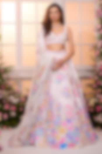 White Satin Hand Embroidered Wedding Lehenga Set by LABEL PRIYANKA KAR at Pernia's Pop Up Shop