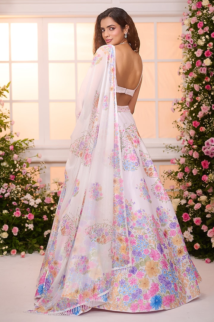 White Satin Hand Embroidered Wedding Lehenga Set by LABEL PRIYANKA KAR at Pernia's Pop Up Shop