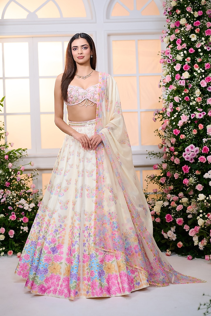 Lemon Yellow Satin Hand Embroidered Wedding Lehenga Set by LABEL PRIYANKA KAR at Pernia's Pop Up Shop