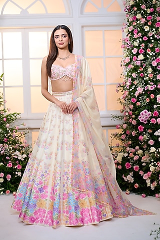 Lemon Yellow Satin Hand Embroidered Lehenga Set by LABEL PRIYANKA KAR