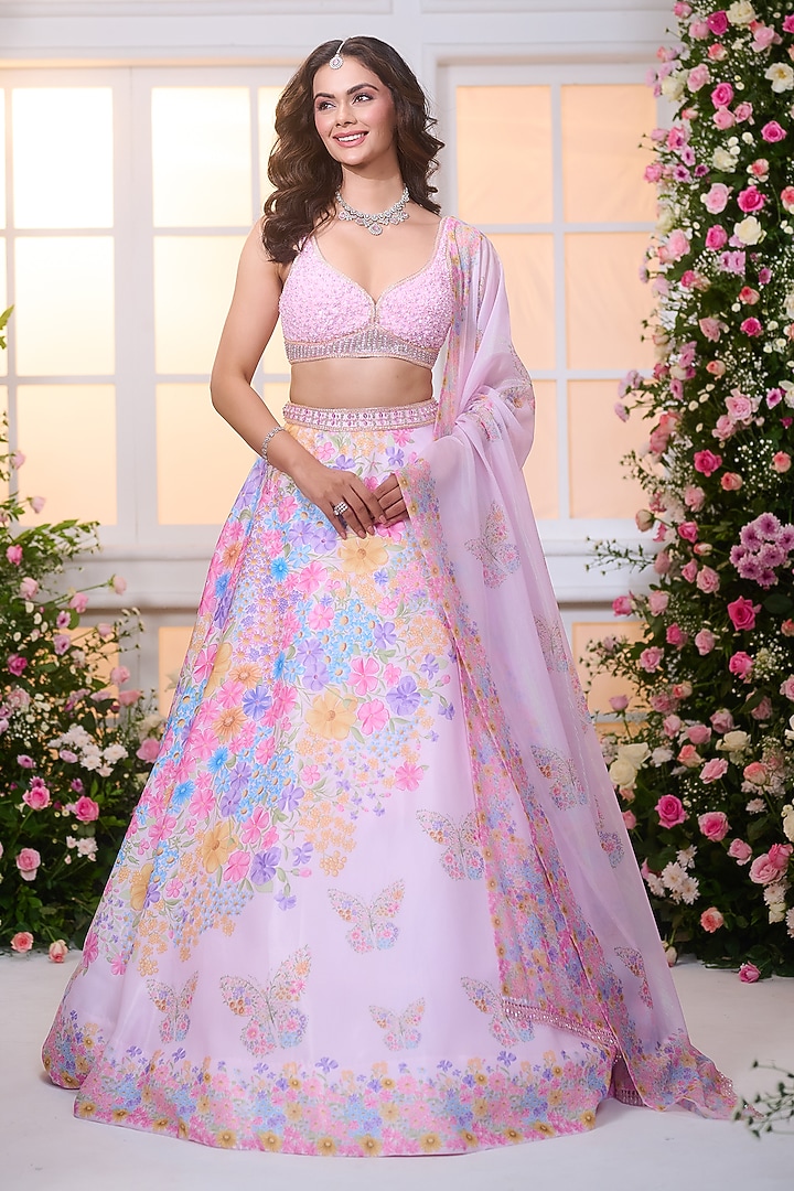 Pink Satin Floral Printed Wedding Lehenga Set by LABEL PRIYANKA KAR at Pernia's Pop Up Shop