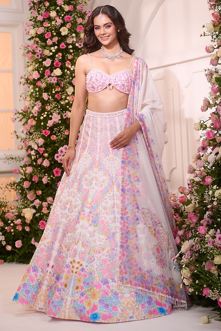 White & Pink Satin Floral Printed Wedding Lehenga Set by LABEL PRIYANKA KAR at Pernia's Pop Up Shop