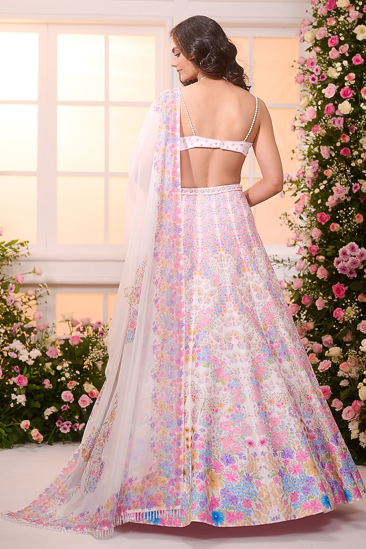 White & Pink Satin Floral Printed Wedding Lehenga Set by LABEL PRIYANKA KAR at Pernia's Pop Up Shop