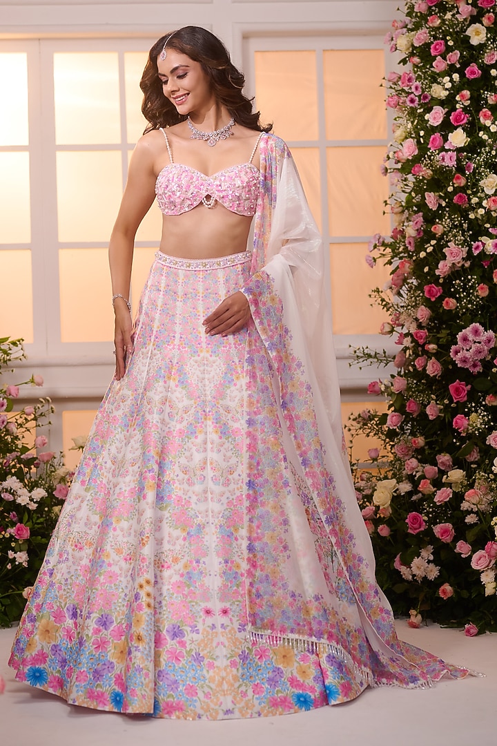 White & Pink Satin Floral Printed Wedding Lehenga Set by LABEL PRIYANKA KAR at Pernia's Pop Up Shop