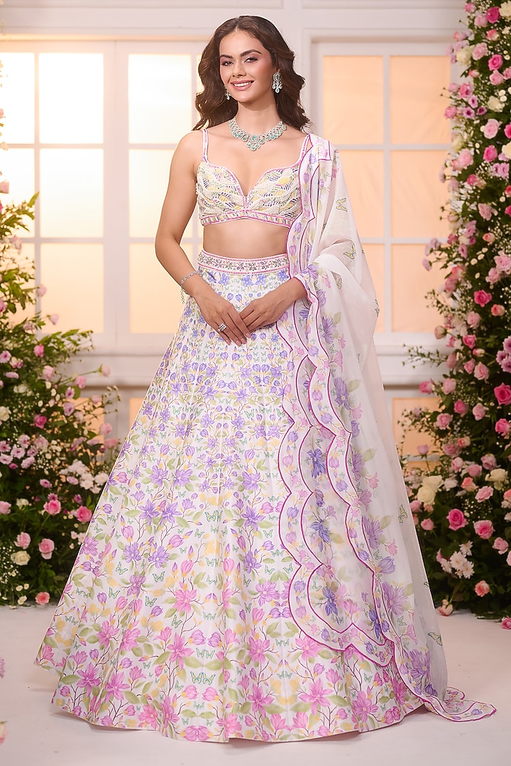 White & Pink Satin Floral Printed Wedding Lehenga Set by LABEL PRIYANKA KAR at Pernia's Pop Up Shop