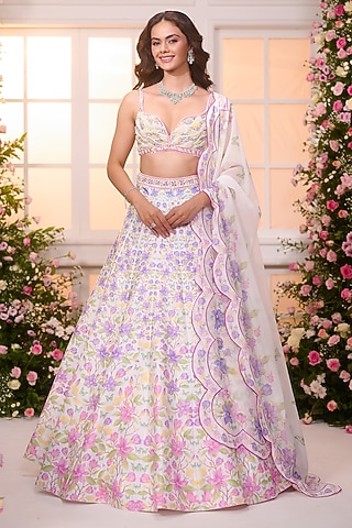White & Pink Satin Floral Printed Lehenga Set by LABEL PRIYANKA KAR