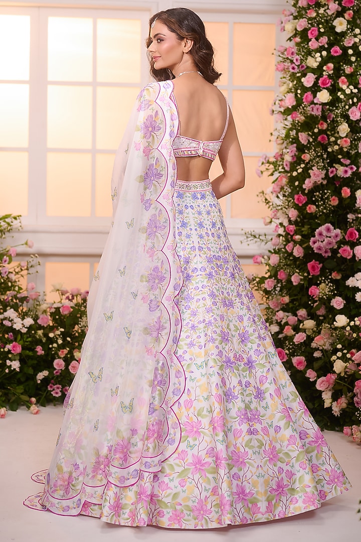 White & Pink Satin Floral Printed Wedding Lehenga Set by LABEL PRIYANKA KAR at Pernia's Pop Up Shop