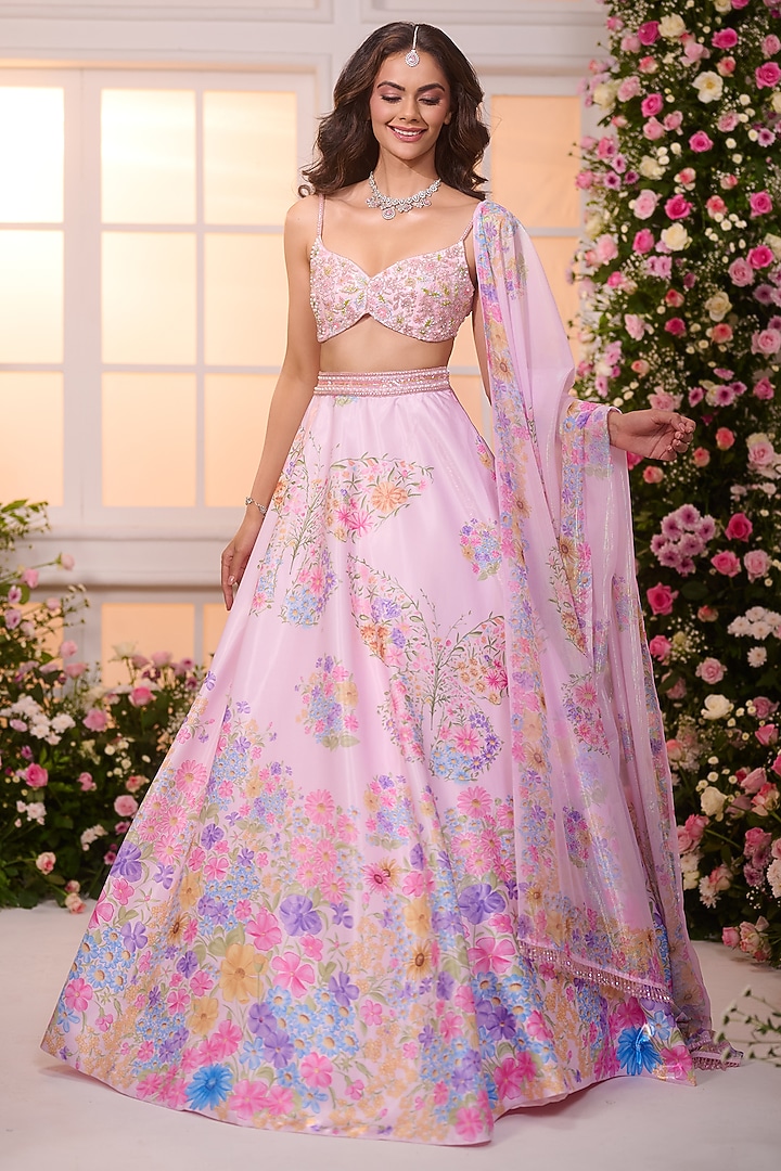 Rose Pink Satin Floral Printed Wedding Lehenga Set by LABEL PRIYANKA KAR at Pernia's Pop Up Shop