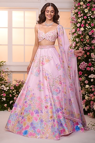 Rose Pink Satin Floral Printed Lehenga Set by LABEL PRIYANKA KAR