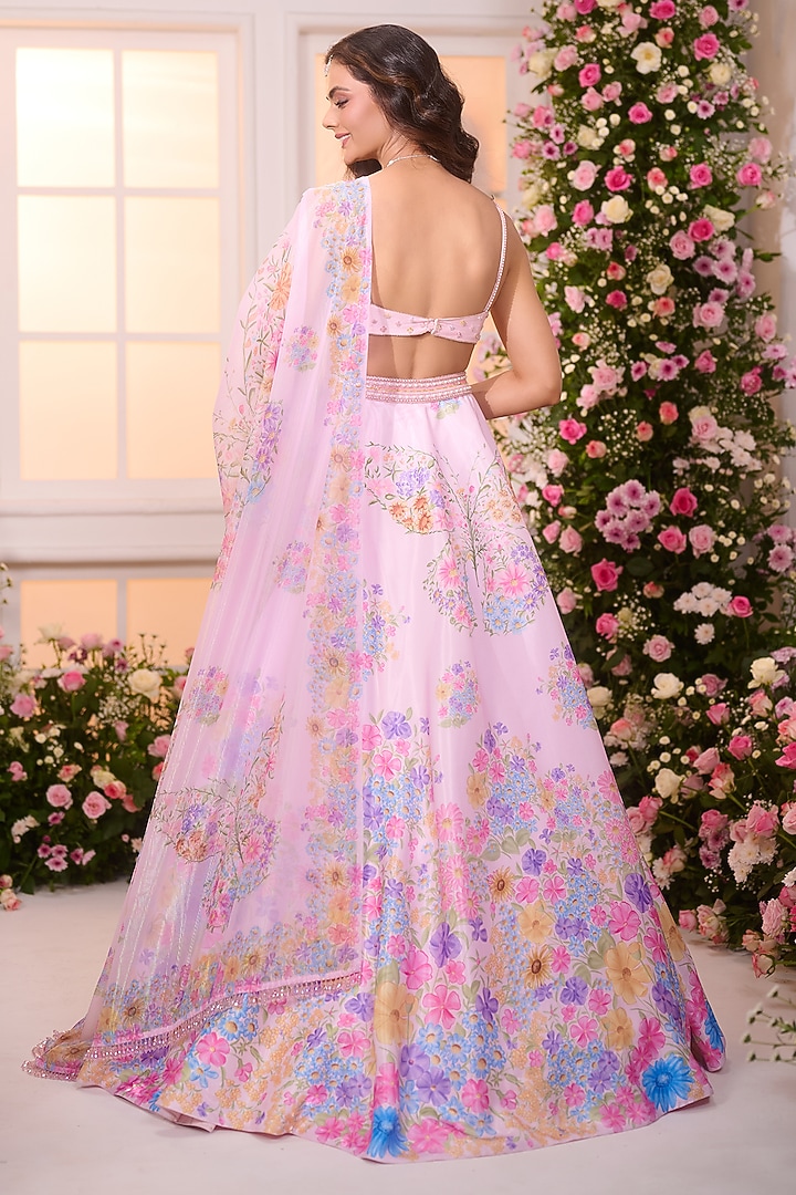 Rose Pink Satin Floral Printed Wedding Lehenga Set by LABEL PRIYANKA KAR at Pernia's Pop Up Shop