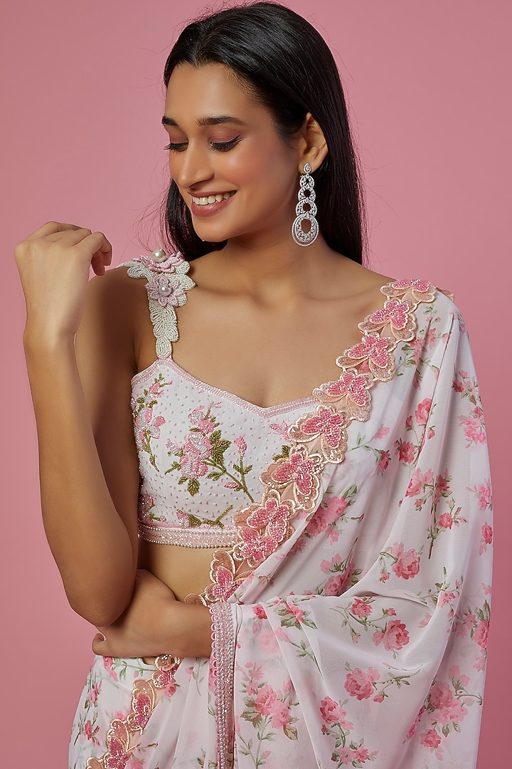 Blush Pink Digital Printed Wedding Saree Set by LABEL PRIYANKA KAR at Pernia's Pop Up Shop
