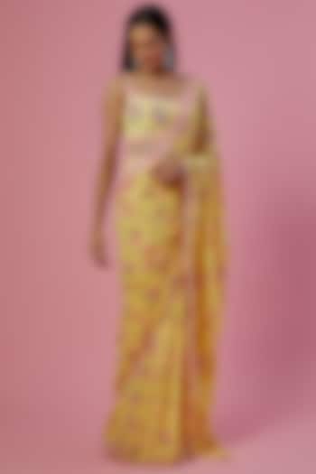 Yellow Viscose Georgette Digital Printed Saree Set by LABEL PRIYANKA KAR