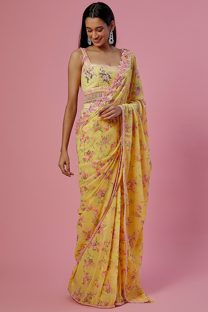 Yellow Viscose Georgette Digital Printed Saree Set by LABEL PRIYANKA KAR