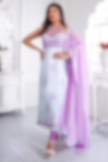 Sky Blue & Lilac Silk Satin Glass Sequins Embroidered Kurta Set by LABEL PRIYANKA KAR at Pernia's Pop Up Shop