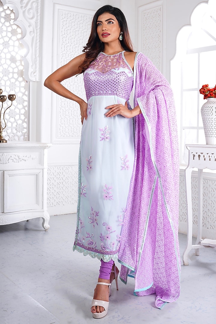 Sky Blue & Lilac Silk Satin Glass Sequins Embroidered Kurta Set by LABEL PRIYANKA KAR at Pernia's Pop Up Shop