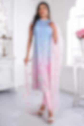 Sky Blue & Pink Ombre Silk Satin Glass Sequins Embroidered Kurta Set by LABEL PRIYANKA KAR at Pernia's Pop Up Shop