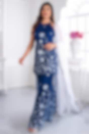 Ink Blue Fine Crepe Glass Sequins Embroidered Kurta Set by LABEL PRIYANKA KAR at Pernia's Pop Up Shop