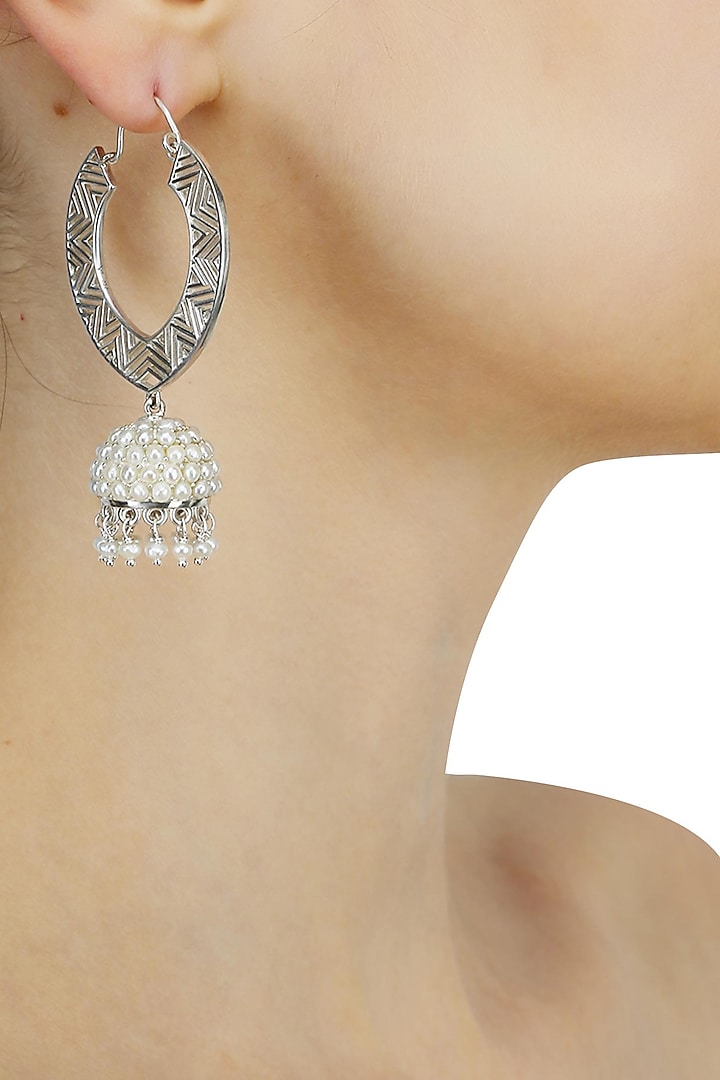 Silver finish seed pearls jhumki drop earrings available only at Pernia's Pop Up Shop.