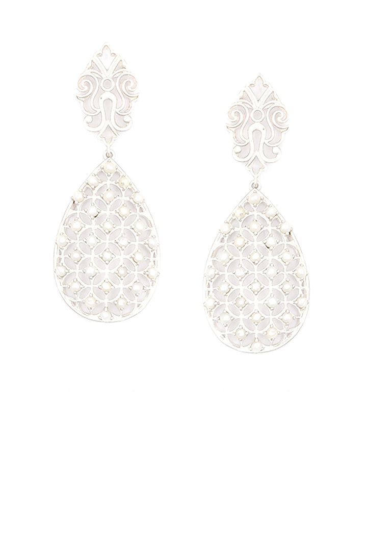 Silver finish seed pearls jali pattern earrings by Lai