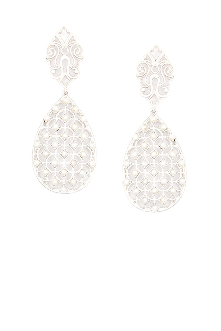 Silver finish seed pearls jali pattern earrings available only at Pernia's Pop Up Shop.