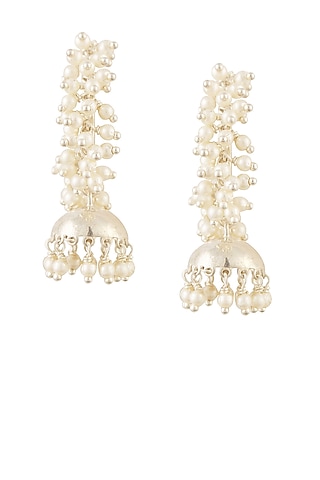 Silver finish cluster seed pearls jhumkis open hoop earrings by Lai