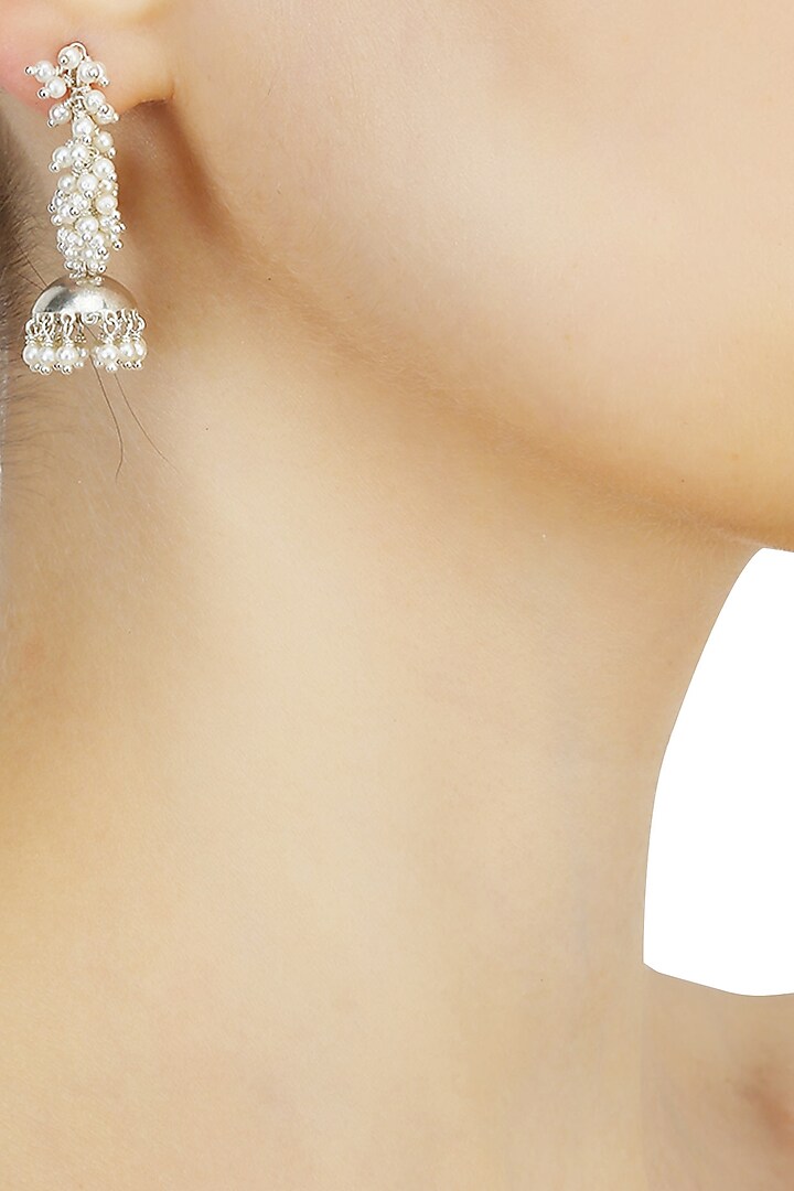 Silver finish cluster seed pearls jhumkis open hoop earrings available only at Pernia's Pop Up Shop.