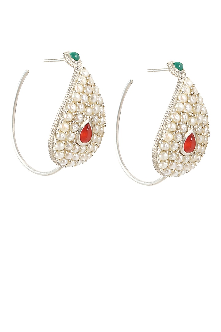 Silver finish set seed pearls open hoop earrings available only at Pernia's Pop Up Shop.