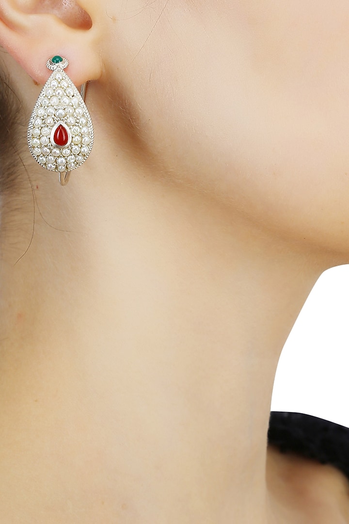 Silver finish set seed pearls open hoop earrings available only at Pernia's Pop Up Shop.