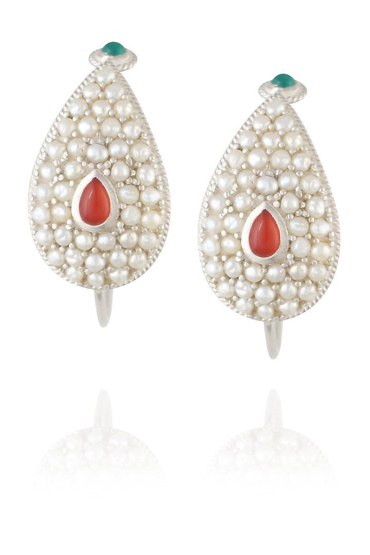 Silver finish set seed pearls open hoop earrings by Lai