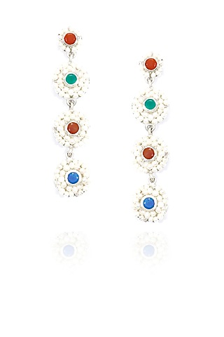 Silver finish seed pearls 4 tier long earrings by Lai