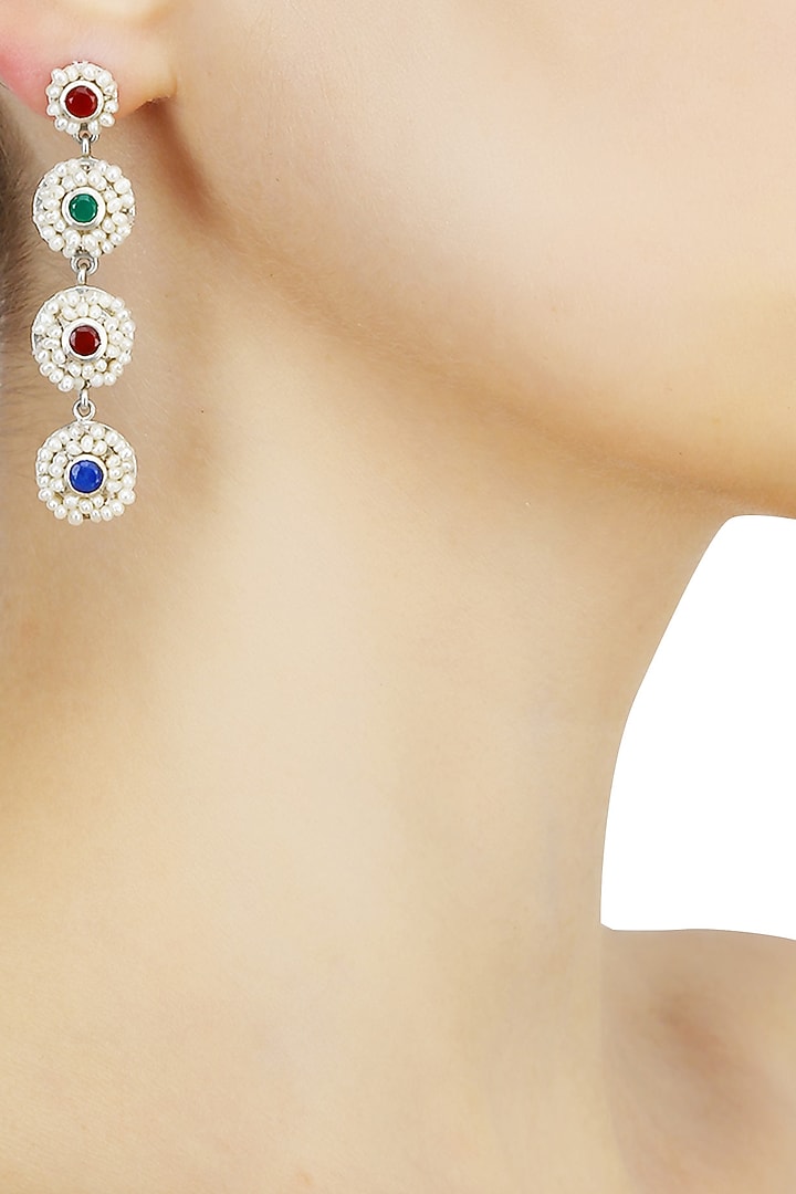 Silver finish seed pearls 4 tier long earrings available only at Pernia's Pop Up Shop.