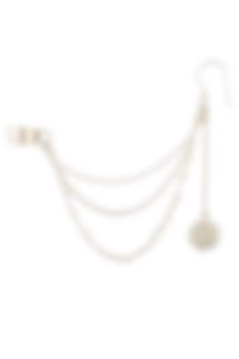 Silver finish seed pearl earrings with attached chain earcuffs by Lai