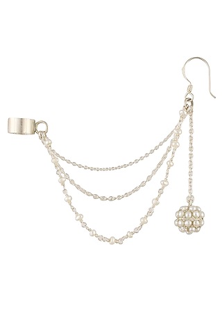 Silver finish seed pearl earrings with attached chain earcuffs by Lai