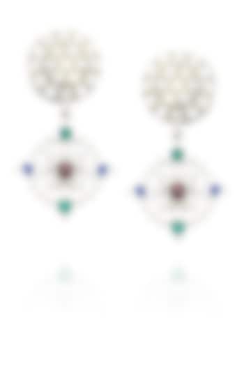 Silver finish seed pearls and encrusted multi color stone drop earrings by Lai