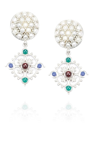Silver finish seed pearls and encrusted multi color stone drop earrings by Lai